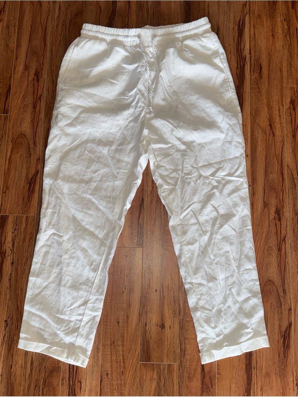 White womens Linen Blend Elastic-Waist Pants XL with pockets